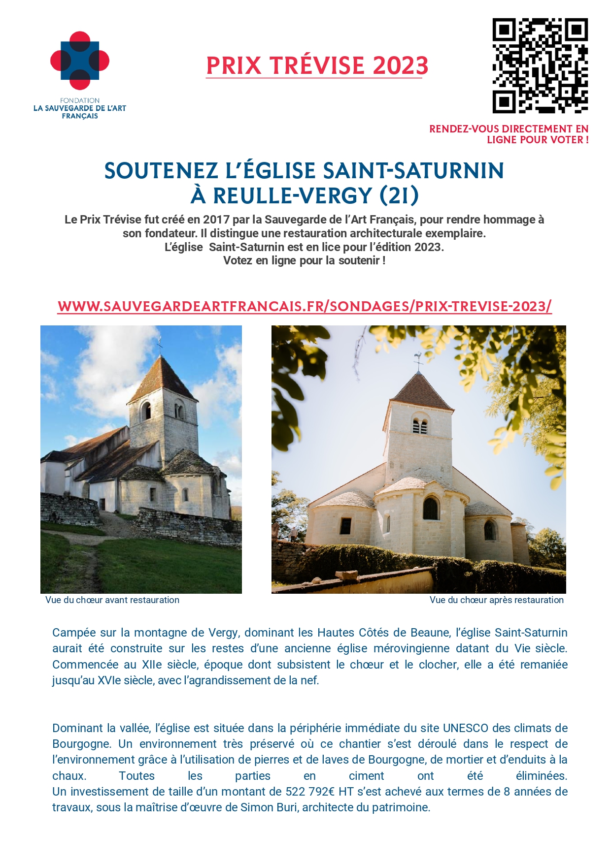 Prix Trévise votez pour l'église de Reulle-Vergy